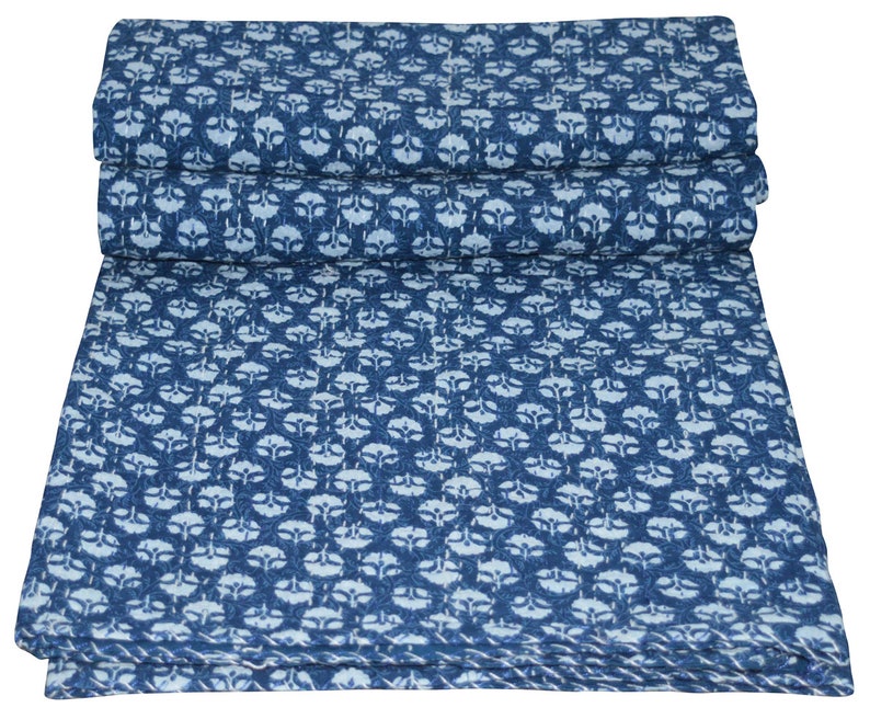 Indian Hand Block Print Kantha Quilt Twin Pure Cotton Kantha Throw Bedspread Blanket Coverlet