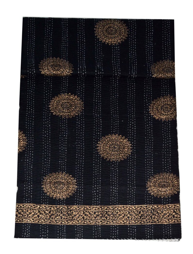 Indian Handmade Pure Cotton Hand Block Print Kantha Quilt Vintage Kantha Blanket Bedspread Throw Gudri Perfect Match for Bed King size