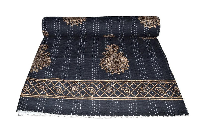 Indian Handmade Pure Cotton Hand Block Print Kantha Quilt Vintage Kantha Blanket Bedspread Throw Gudri Perfect Match for Bed King size