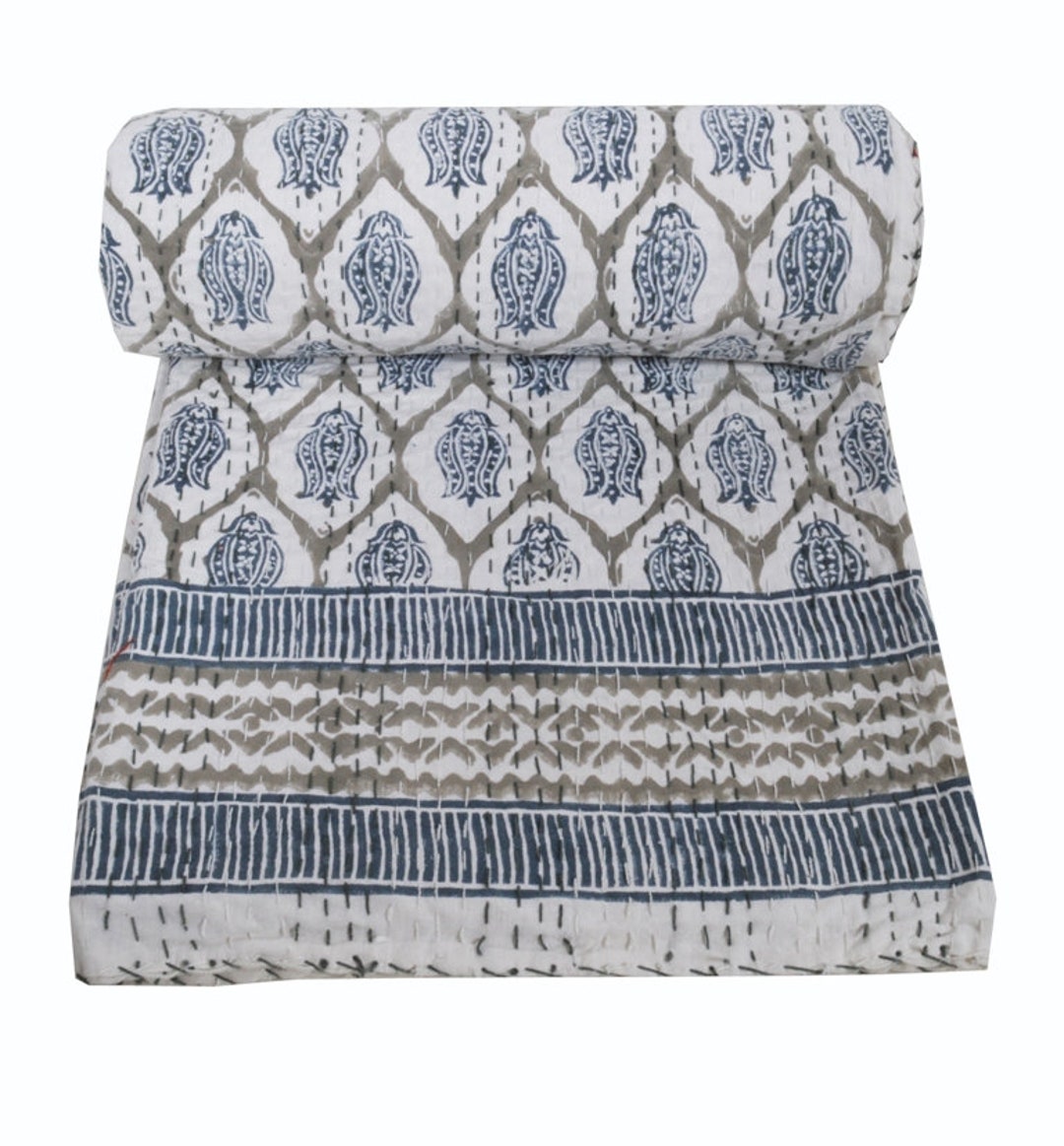 King Kantha Quilt Block Print Quilt King Size Bedspread Kantha Throw