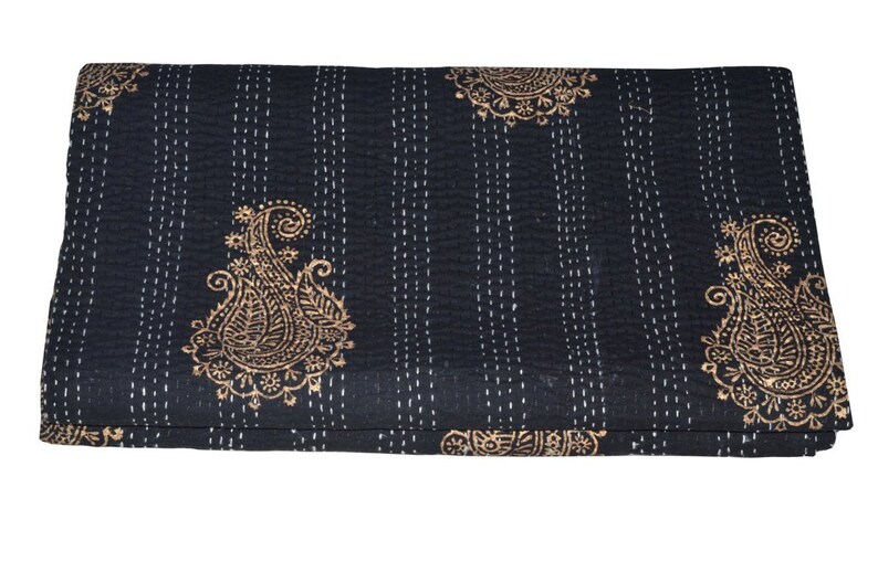 Indian Handmade Pure Cotton Hand Block Print Kantha Quilt Vintage Kantha Blanket Bedspread Throw Gudri Perfect Match for Bed King size