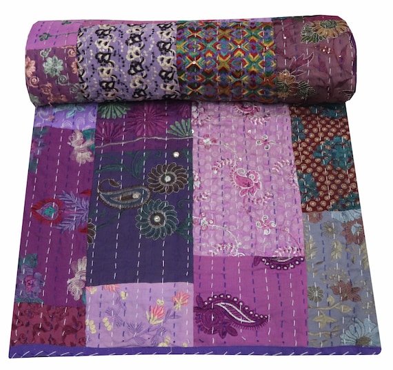 Indian Cotton Patchwork kantha Quilt Coverlet Handmade Bedspread Gudari Blanket