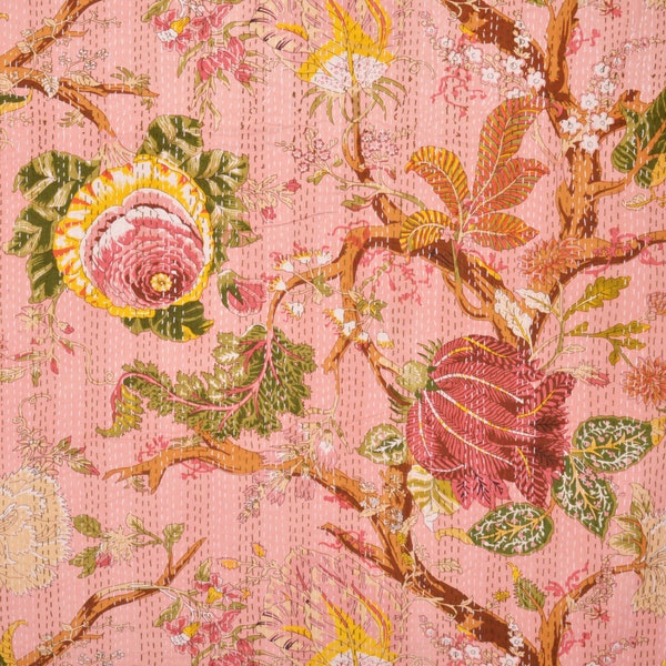 Indien Fait à la main Floral Imprimé Kanta Quilt Rose Clair Quilt Kantha Couverture Kantha Couvre-lit Coton Housse de lit Boho Quilt Queen Size Quilt