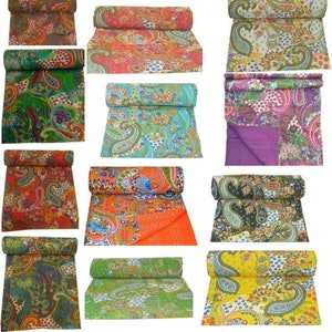 Indian Handmade Paisley Print Kantha Quilt Single/Double Size Pure Cotton Kantha Throw Blanket Bedspread