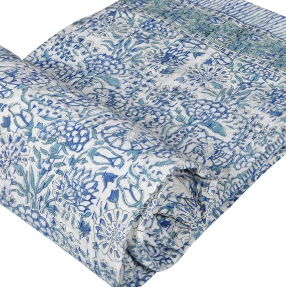 Details about   Indian Reversible Block Print Kantha Quilt Blue Twin/Single Blanket Throw Art