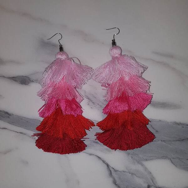 Hand Made - Red Fade Pink Tassel Earrings