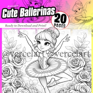 Ballerina coloring pages for children and adults. 20 PDF pages Instant Download, Print and Color. Ballet coloring book pages