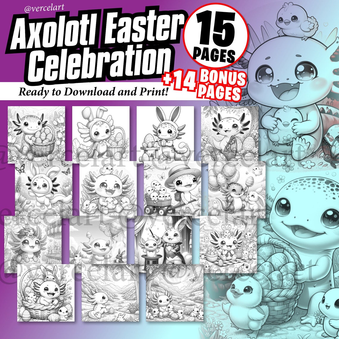 Easter Axolotl Coloring Pages for Kids and Adults. 15 PDF Pages Instant ...