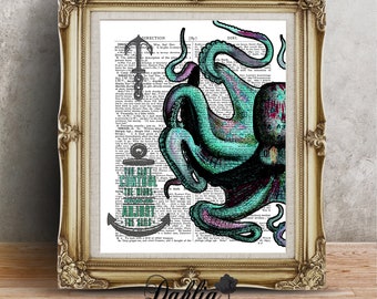 May include: A framed print with a teal and purple octopus illustration on a vintage dictionary page. The print includes anchor graphics and the words "Direction", "Control the tides", and "Adjust the sails". The frame is gold.