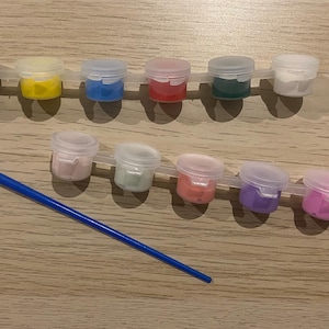 Assorted Paint pots of 6 with a brush in Mixed Colours-Perfect add ons to our range of party bags, includes brights and pale colours
