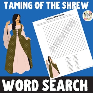 Op de afbeelding: Een woordzoeker met een kleurrijke illustratie van een vrouw in een roze en groene jurk. De puzzel heeft de titel "De Taming of the Shrew" en bevat een lijst met woorden die in het raster moeten worden gevonden.