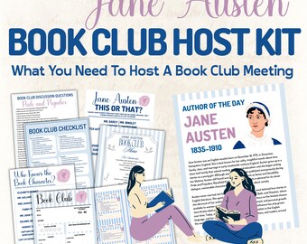 Pride and Prejudice Book Club Kit, Jane Austen Printable, Discussion Questions, Book Club Games, Host Checklist, Menu with Recipes