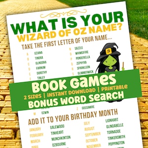 Puede incluir: Un juego imprimible de temática de El Mago de Oz en verde y amarillo con el título "¿Cuál es tu nombre de El Mago de Oz?" e instrucciones para tomar la primera letra de tu nombre y encontrar el nombre correspondiente en la lista. El juego también incluye una búsqueda de palabras adicional y una sección para agregar tu mes de nacimiento para encontrar tu nombre de El Mago de Oz.