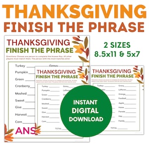 Thanksgiving or Friendsgiving | Finish the Phrase Game | Family Game Night | Printable Party Game | Instant Digital Download | Party Ideas