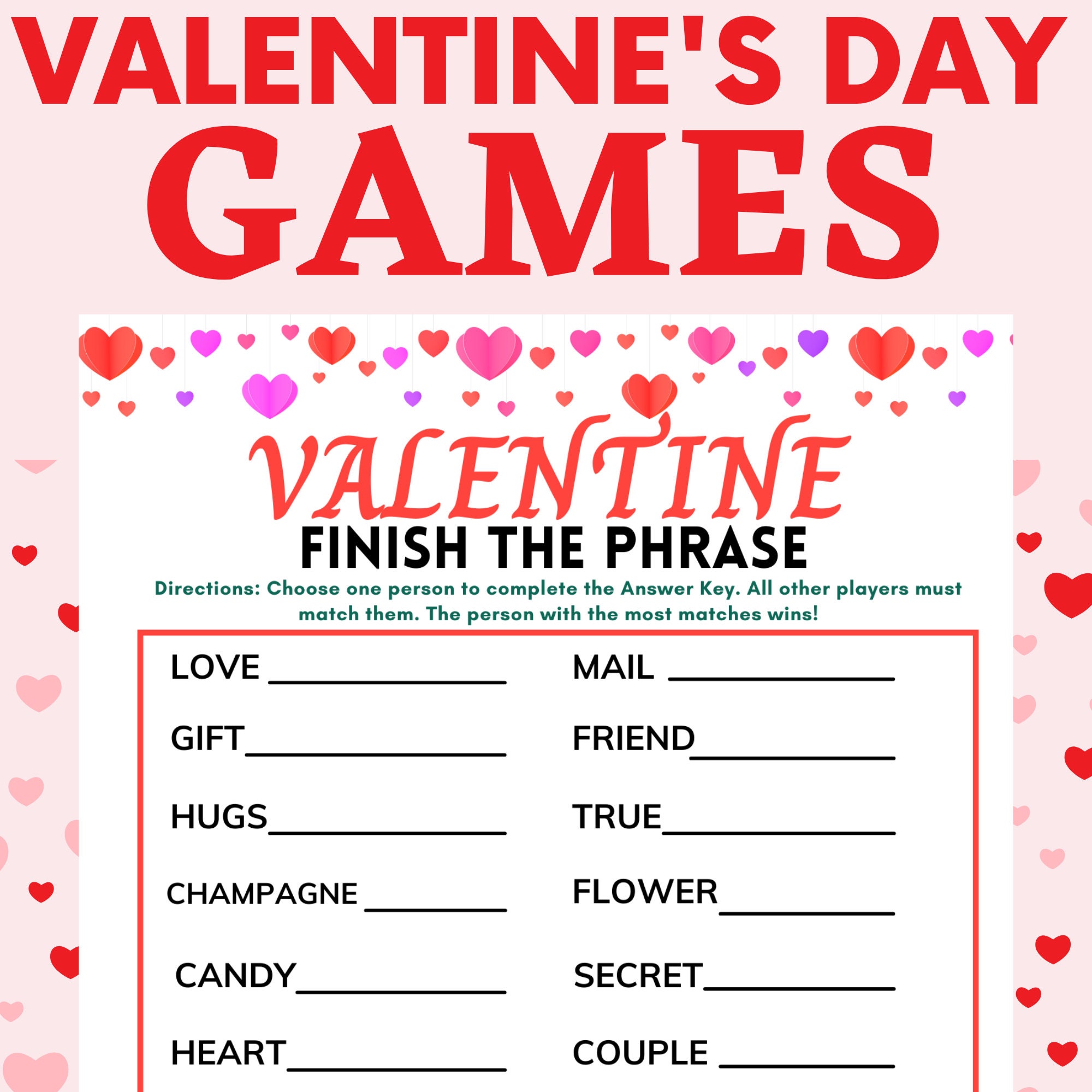 Valentine's Day Finish the Phrase Game: Printable Party Fun (Digital Download)