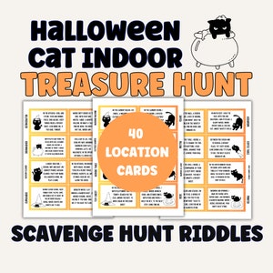 Halloween Cat Treasure Hunt Scavenger Hunt Cards, Indoor, Halloween Party Game, Kids and Adults, Scavenger Clues Indoors, Instant Download