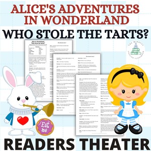 Puede incluir: Un guion de teatro de lectura imprimible para "Alicia en el País de las Maravillas: ¿Quién robó las tartas?" con ilustraciones de Alicia y el Conejo Blanco. El guion está adaptado del libro de Lewis Carroll.