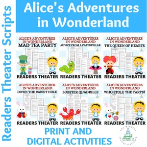 Op de afbeelding: Een set van zes printbare lezers theater scripts gebaseerd op Alice in Wonderland. Elk script bevat een andere scène uit het boek, waaronder Mad Tea Party, Advies van een rups, De Koningin van harten, De afdaling in het konijnenhol, Kreeftenquadrille en Wie heeft de taarten gestolen? De scripts zijn geïllustreerd met kleurrijke cartoonfiguren.