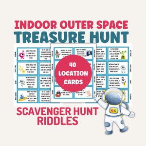 Caça ao tesouro no espaço sideral, cartas de caça ao tesouro, interior, jogos de festa para crianças e adultos Pistas do tesouro para ambientes internos, download instantâneo para impressão