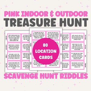 Búsqueda del tesoro rosa, tarjetas de búsqueda del tesoro, interior, exterior, baby shower, juegos de fiesta de cumpleaños, pistas de tesoro para niños y adultos, descarga instantánea