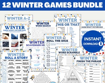 May include: A set of 12 printable winter-themed games for kids. The games include word searches, picture quizzes, roll-a-story, and more. The games are illustrated with cute winter scenes and characters.