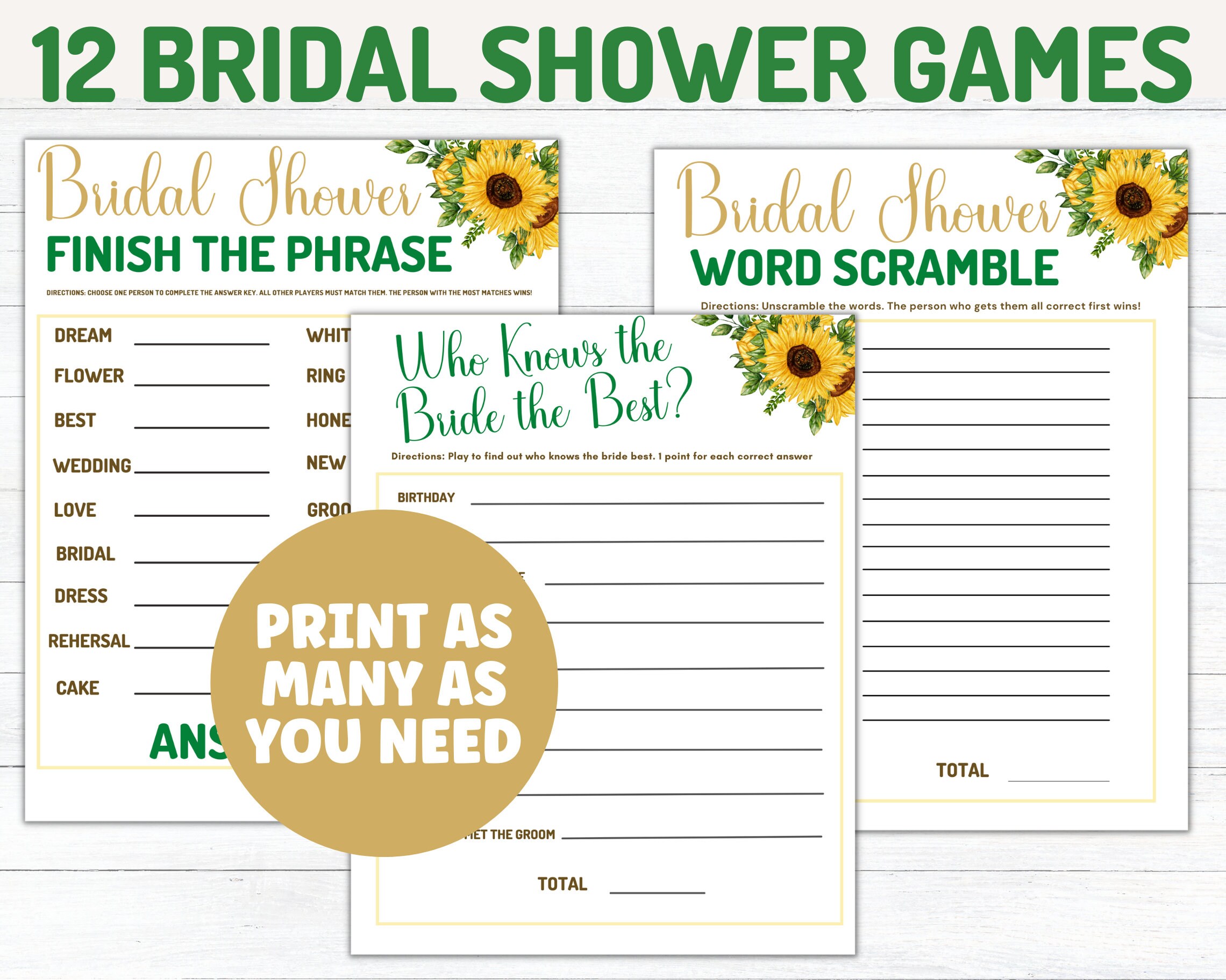 Bridal Shower Games, Sunflower, Wedding Shower Activities, Instant ...