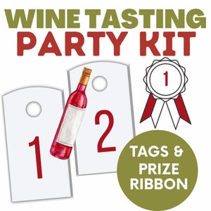 May include: Wine tasting party kit with two white tags numbered 1 and 2, a bottle of red wine, and a gold ribbon with a number 1 on it. The text "TAGS & PRIZE RIBBON" is on a green circle.