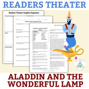 May include: A graphic organizer for "Aladdin and the Wonderful Lamp" with character descriptions, setting, and conflict prompts. The image includes a cartoon genie, a golden lamp, and the text "Readers Theater".