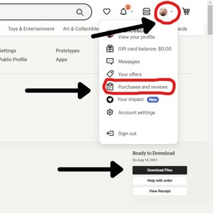 May include: A screenshot of an Etsy account menu with options to view your profile, check your gift card balance, view messages, see your offers, access purchases and reviews, view your impact, adjust account settings, and sign out.