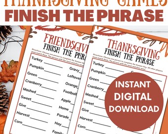 Thanksgiving and Friendsgiving Finish the Phrase Game | Family Game Night | Printable Party Game | Instant Download