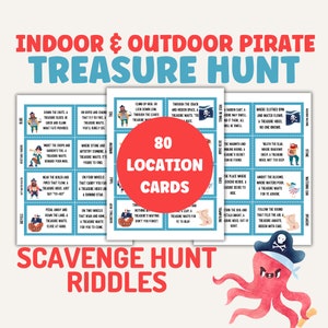 May include: A set of 80 blue and white cards with pirate-themed riddles for a scavenger hunt. The cards feature illustrations of pirates, treasure chests, and other pirate-related imagery. The text on the cards reads "80 Location Cards" and "Scavenger Hunt Riddles".