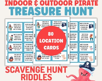 Pode incluir: Um conjunto de 80 cartões azuis e brancos com enigmas de temática pirata para uma caça ao tesouro. Os cartões apresentam ilustrações de piratas, baús do tesouro e outras imagens relacionadas com os piratas. O texto nos cartões diz "80 cartões de localização" e "Caça ao tesouro com enigmas".