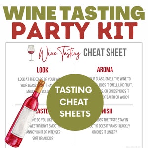 May include: A green and brown illustrated cheat sheet for a wine tasting party. The sheet has four sections: Look, Aroma, Taste, and Finish. Each section has questions to help you analyze the wine.