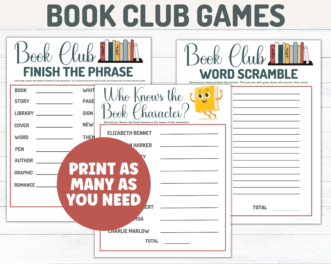 Book Club Game Bundle Printable Party Games Instant - Etsy