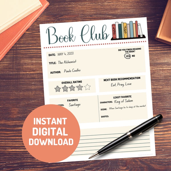 Book Club Book Review, Book Games, Printable Instant Download, Book Club Activity, Book Lover Gifts, Discussion Questions, Adult and Teens