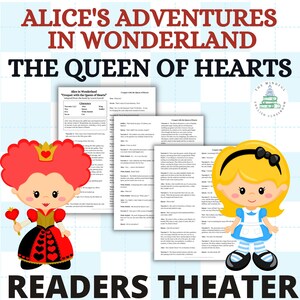 Puede incluir: Un guion de teatro de lectura imprimible para "Croquet con la Reina de Corazones" de Alicia en el País de las Maravillas. El guion presenta ilustraciones de Alicia y la Reina de Corazones.