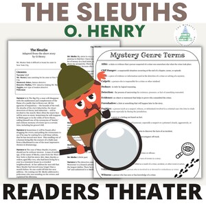 May include: A cartoon illustration of a detective with a magnifying glass, looking at a page with the text "Mystery Genre Terms" and definitions of terms like "alibi", "cliffhanger", "culprit", "deduce", "detection", "evidence", "foreshadow", "fugitive", "intimidation", "witness". The image is a colorful and fun way to learn about mystery genre terms.