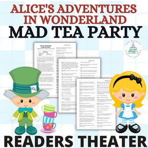 Puede incluir: Un guion de teatro de lectura imprimible para "Las Aventuras de Alicia en el País de las Maravillas: Una Fiesta del Té Loca". El guion presenta ilustraciones de Alicia y el Sombrerero Loco, con texto que incluye los nombres de los personajes y los diálogos.