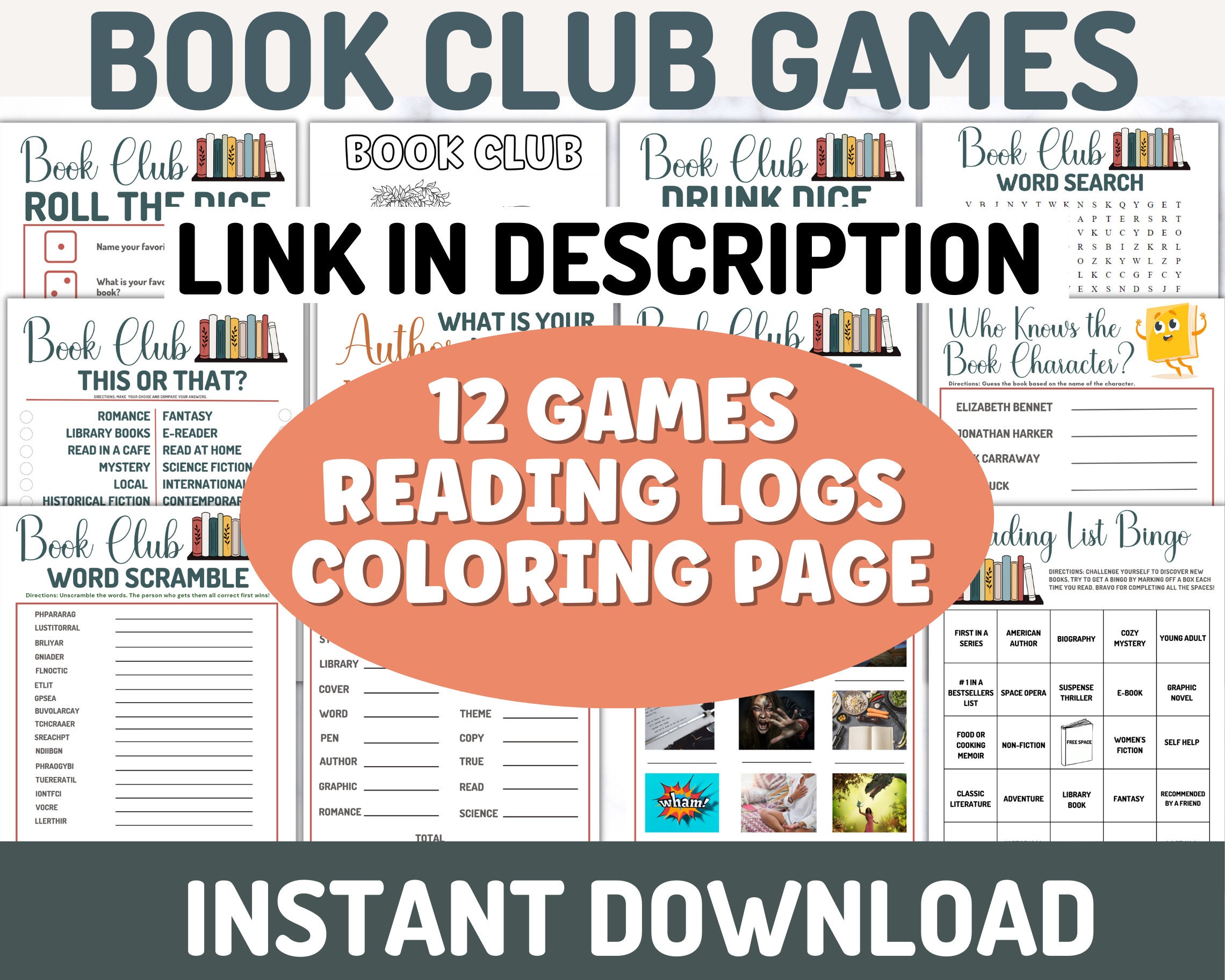 Book Club Book Review, Book Games, Printable Instant Download, Book