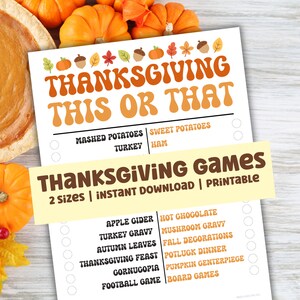 Thanksgiving Party Games, This or That, Family Game Night, Friendsgiving, Printable Party Game, Kids & Adults Thanksgiving Party Games