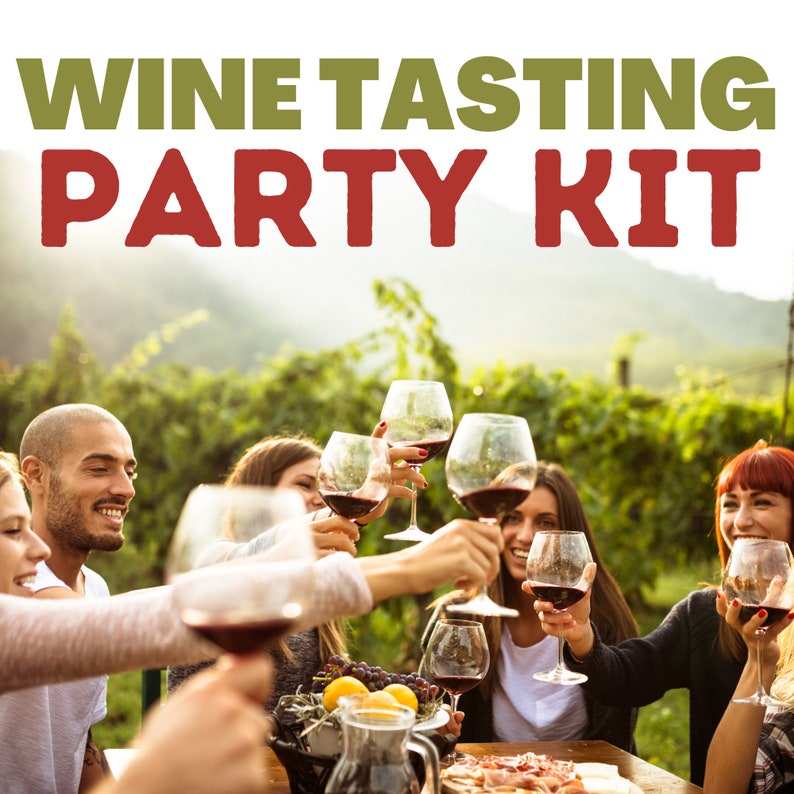 May include: A group of friends cheers with glasses of red wine at an outdoor wine tasting party. The image features the text "Wine Tasting Party Kit".