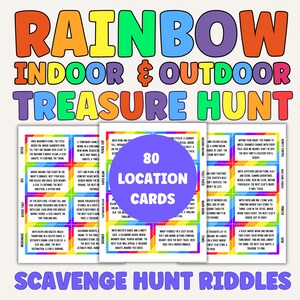 Búsqueda del tesoro del arco iris, Tarjetas de búsqueda del tesoro, Interior al aire libre, Novia, Juegos de fiesta de cumpleaños Pistas del tesoro para niños y adultos, Descarga instantánea