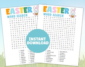 May include: Two printable Easter word search puzzles featuring a bunny holding a basket of eggs. The puzzles include words related to Easter, such as "lamb", "chocolate", "grass", "rabbit", "raindrops", "duckling", "carrots", "jellybeans", "basket", "bouquet", "puddles", "egg hunt", "parade", and "chicks".