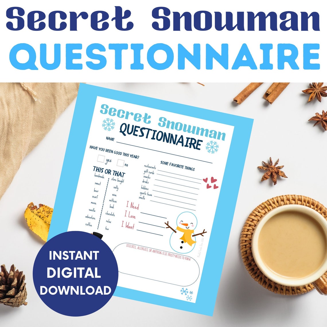 Secret Snowman Questionnaire Printable Questions Christmas - Etsy