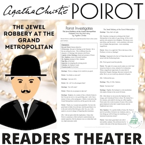 May include: A cartoon illustration of Hercule Poirot, a famous detective, wearing a black hat and a mustache. The text "The Jewel Robbery at the Grand Metropolitan" is at the top of the image. The text "Readers Theater" is at the bottom of the image.
