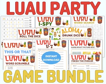 May include: A colourful printable game bundle with a luau theme. The games include "I-Spy", "Word Search", "Roll the Dice", "This or That", "Word Scramble", "A-Z", "Guess What? Picture Quiz", and "Finish the Phrase".