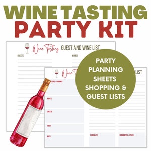 May include: Printable wine tasting party planning sheets with a watercolor illustration of a wine bottle and glass. The sheets include sections for guests, wines, appetizers, meats, cheese, fruit, nuts, chocolate, and condiments.