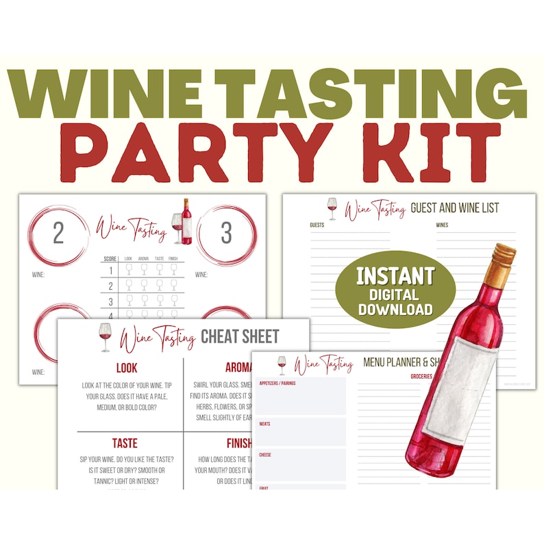 May include: A printable wine tasting party kit with a watercolor illustration of a bottle of red wine. The kit includes a wine tasting scorecard, a cheat sheet, a guest and wine list, and a menu planner.