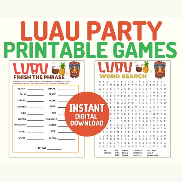 Luau Party Games, Word Search, Family Game Night, Office Party, Printable Instant Download, Hawaiian Luau Ideas, Birthday Party Tropical