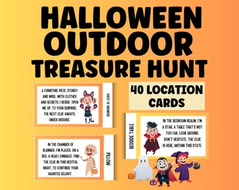May include: A set of 40 Halloween treasure hunt clue cards with colourful illustrations of a mummy, a vampire, a ghost, and a witch. The cards feature rhyming clues for an outdoor treasure hunt.